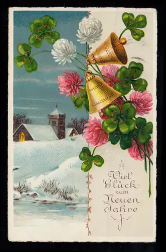AK Nouvel An: Deux cloches avec décoration de trèfle chanceux et église, ALTONA (ELBE)