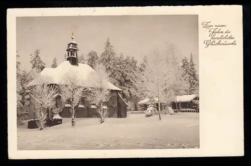 AK Nouvel An: Dorfidylle - Église enneigée, LANGENLONSHEIM (NAHE) 31.12.36