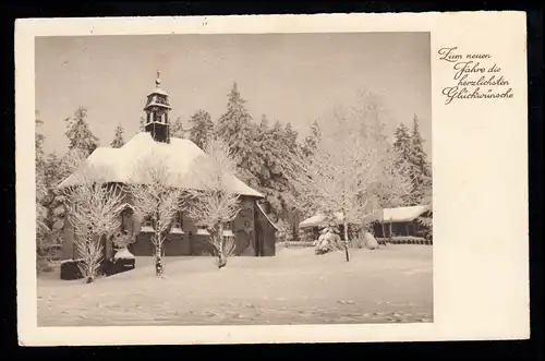 Foto-AK Neujahr: Dorfidylle - Verschneite Kirche, LANGENLONSHEIM (NAHE) 31.12.36