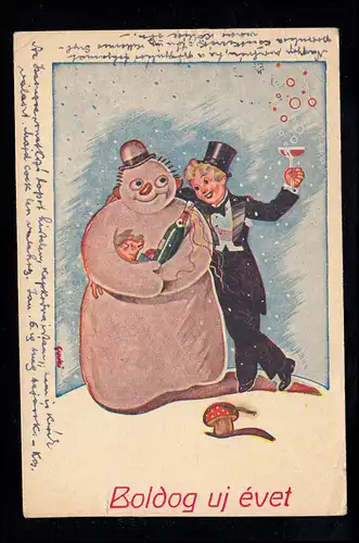 Hongrie AK Nouvel An: homme ivre avec bonhomme de neige, BUDAPEST 30.12.1950
