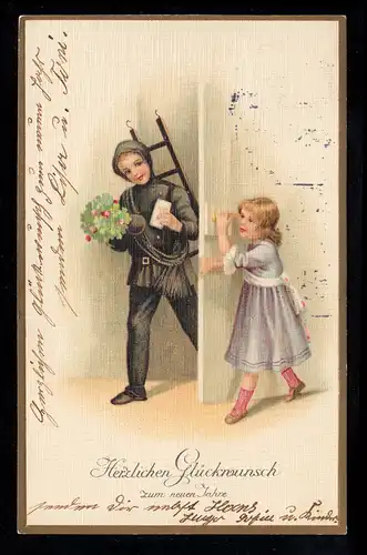 AK Nouvel An: La balayeuse de cheminée à la porte porte apporte la trèfle chanceuse, LOBBERICH 31.12.1914