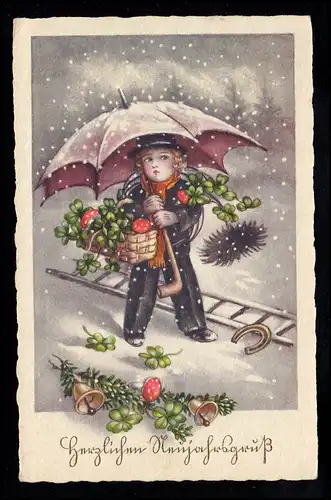 AK Neujahr: Schornsteinfeger-Mädchen mit Glückbringern unterm Regenschirm, 1940