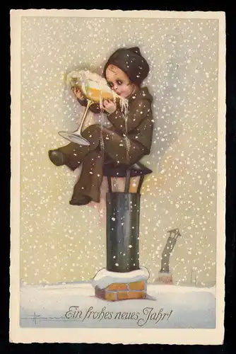 AK Neujahr: Mädchen mit Sektglas auf Schornstein, HAMBURG 31.12.1928