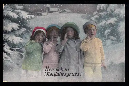 AK Nouvel An: Enfants envoûtés avant le paysage hivernal, RIEDAU 31.12.