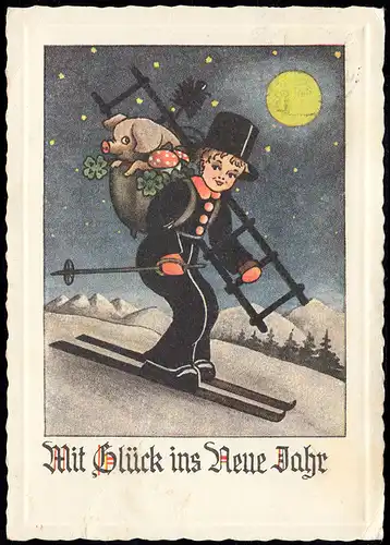 AK Nouvel An: Filles de cheminée sur skis avec porte-bonheur, ELZ 30.12.50