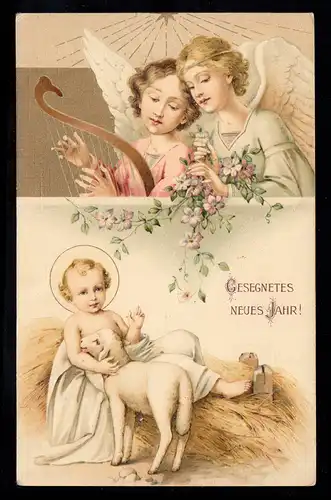 AK Nouvel An: Ange avec leyre/harpe - Christ avec l'agneau, Inneringen (HOHENZOLL.)
