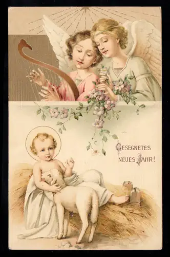 AK Nouvel An: Ange avec leyre/harpe - Christ avec l'agneau, Inneringen (HOHENZOLL.)