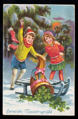AK Nouvel An: Enfants traîneaux Fers à cheval Trèfle chanceux, LOFFENAU/CHWARZW 31/12/140