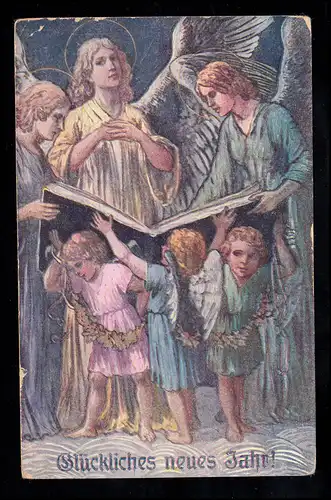 AK Neujahr: Große und kleine Engel mit Buch, MAINZ 30.12.1910