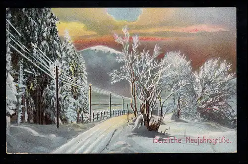 AK Neujahr: Winterlandschaft Straße Telegrafenmasten, KÖBLITZ (OBERLAUSITZ) 1917