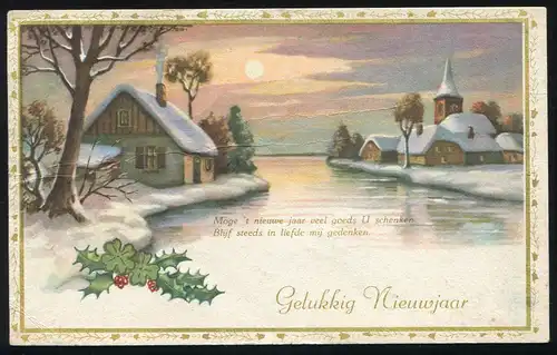 Niederlande AK Neujahr: Dorfidylle am Fluss, 29.12.1956 nach ZWOLLE 16..1.1957