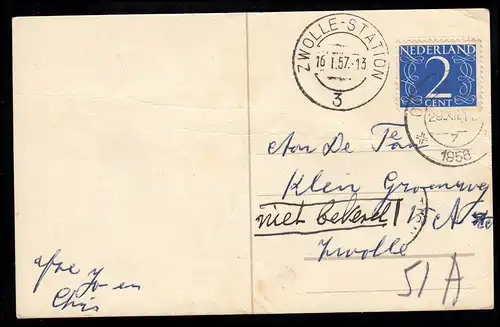 Pays-Bas AK Nouvel An: Dorfidylle am Rivière, 29.12.1956 vers ZWOLLE 16.1.1957