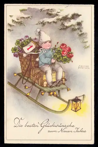 AK Nouvel An: Enfant sur traîneau avec porte-bonheur, WINDESHEIM / KREUZNACH vers 1935