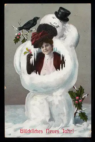 AK Neujahr: Die Frau im Schneemann, MEYENBURG 31.12.1909