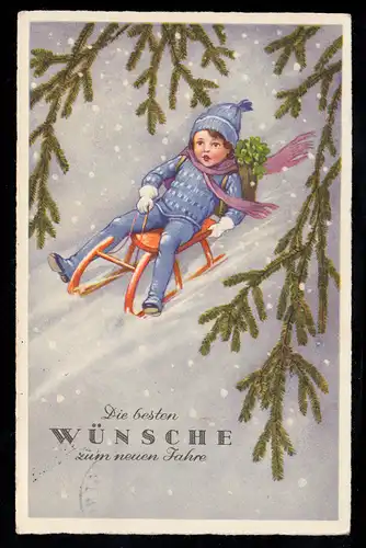 AK Neujahr: Schlittenfahrt bei Schneefall Glücksklee, DEGGENDORF 1.1.1939