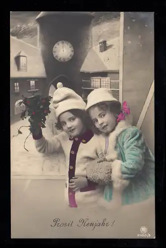 AK Nouvel An: Deux filles devant la montre du Nouvel an, RAVENSBURG n° 1 - 30.12.1914
