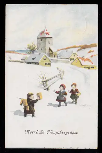 AK Neujahr: Dorfidylle im Winter - Postbote bringt Päckchen, FREISING 30.12.1918
