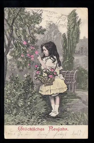 AK Neujahr: Mädchen mit Rosen im Garten, LACHEN Pfalz 1.1.1910 