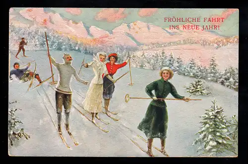 AK Neujahr: Fröhliche Abfahrtsgruppe auf Skiern, CREFELD 31.12.1910