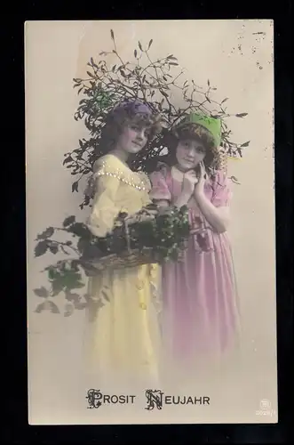Foto-AK Neujahr: Zwei Mädchen mit Zweigen und Korb, coloriert, ZÜRICH 30.12.1911