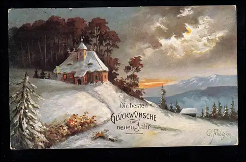 AK G. Firbiger - Neujahr: Die Kirche auf der Bergkuppe, HALBERSATDT 31.12.1932