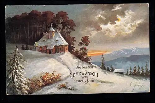 AK G. Firbiger - Nouvel An: L'église sur la colline, HETERSATDT 31.12.1932