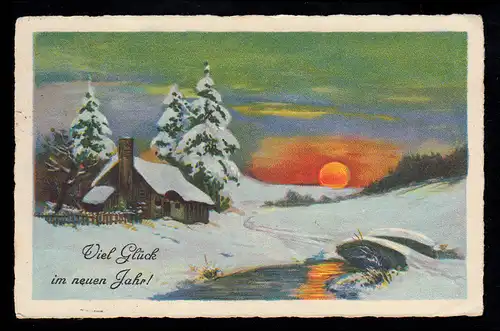 AK Neujahr: Winterlandschaft bei Sonnenuntergang, Eßlingen (Neckar) 3.1.1930 