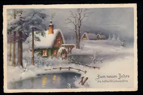 AK Neujahr: Winterlandschaft - Beleuchtete Wassermühle, DRESDEN 30.12.1938 