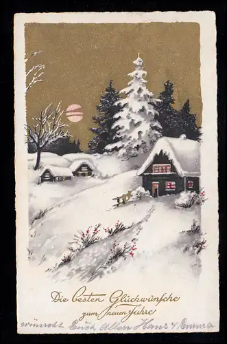 AK Neujahr: Dorfidylle im Winter bei Nacht, vergoldeter Himmel, HAMBURG 31.12.40