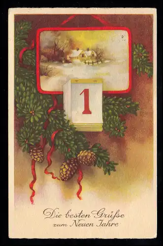 AK Nouvel An: Paysage avec feuille de calendrier 1er janvier, FRANKFURT/MAIN 31.12.40