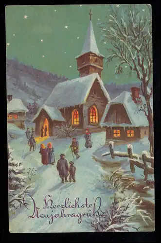 AK Neujahr: Dorfidylle - Beleuchtete Kirche zu Silvester, SENFTENBERG 31.12.1932