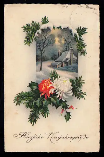 AK Neujahr: Landschaftsbild mit Tannenzweiggirlande, NORDENHAM 30.12.1934