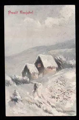 Künstler-AK Neujahr: Im tiefen Schnee - Bauerngehöft am Hang, KONSTANZ 31.12.05