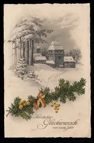 AK Neujahr: Winterlandschaft mit beleuchteten Häusern, SSt ISNY Luftkurort 1927