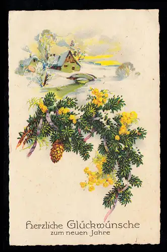 AK Nouvel An: Villageidylle en hiver - Branche de sapin ornée, OSNABRUCK 31.12.30
