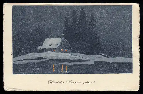 AK Nouvel An: Photo d'hiver - Maison éclairée au bord du lac la nuit, MUNICH 30.12.1933