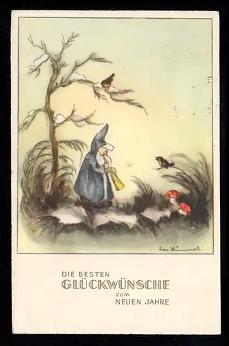 Hummel AK Nouvel An: Nain avec flûte dans le paysage hivernal, VILLINGEN 30.12.1949