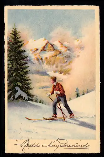 AK Neujahr: Skifahrer vor Alpenkulisse, MÜNCHEN Dezember 1938