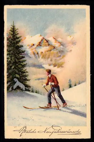 AK Nouvel An: skieurs devant le paysage alpin, MÜNCHEN Décembre 1938