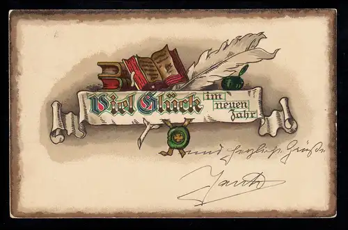 AK Nouvel An: Livres et plume, Félicitations, couru vers 1923