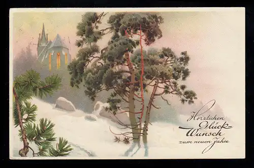 AK Nouvel An: Paysage hivernal dans le brouillard avec l'église éclairée SPREMBERG 31.12.30