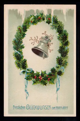 AK Neujahr: Geschmückte Glocke im Tannenzweigkranz, gelaufen um 1920