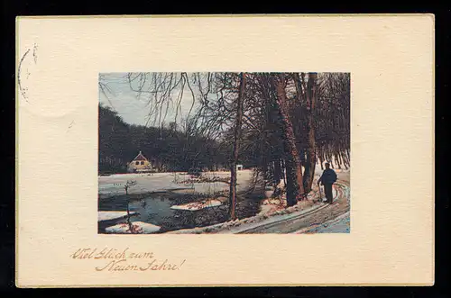 AK Neujahr: Winterlandschaft mit Teich und Straße, BONN 31.12.1910