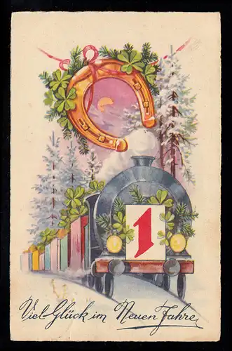 AK Nouvel An: Chemin de fer avec feuille calendrier 1 fer à cheval Trèfle chanceux, couru vers 1935