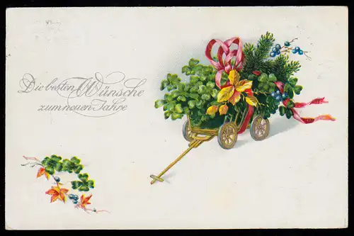 AK Nouvel An: Chariot à main avec des branches de baies de trèfle chanceuse Broyage, STRALSUND 30.12.25