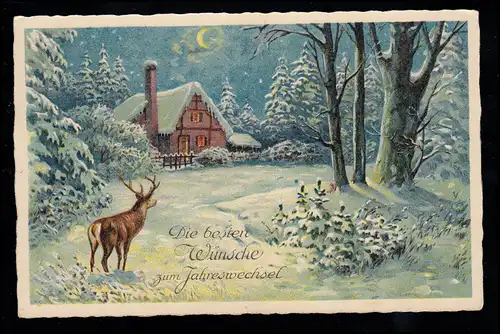 AK Neujahr: Winteridylle bei Nacht Waldlichtung Hirsch Haus, ungebraucht