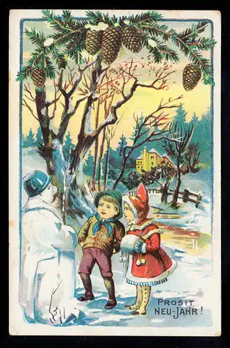 AK Neujahr: Mädchen und Junge bestaunen einen Schneemann, UERDINGEN 1.1.1909
