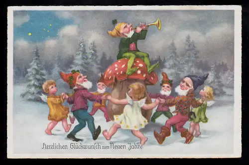 AK Nouvel An: Anges et nains dansent autour de la naine de champignon de mouche avec trompette 31.12.1940