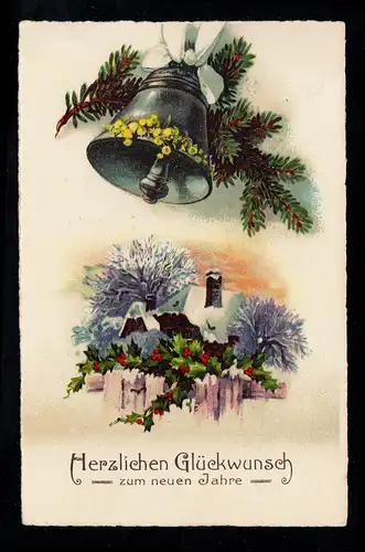 AK Neujahr: Glocke mit Tannenzweigen über Dorfidylle, HOETMAR 31.12.1937