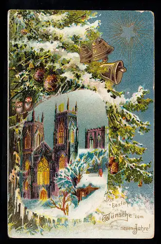 AK Nouvel An: idylle d'hiver avec cathédrale et cloches, HANNOVER-LINDEN 1.1.11